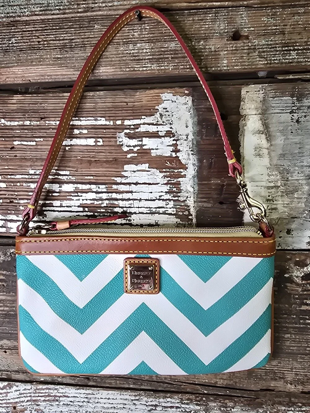 Dooney & Bourke Turquoise White Chevron Wristlet Like New